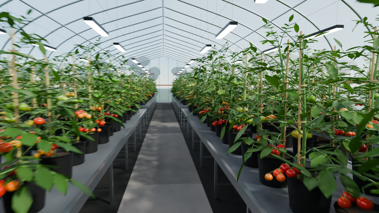 Centre aisle of an arched poly hoop house with benches of staked tomato plants on both sides, grow lights and fans hung from the hoops