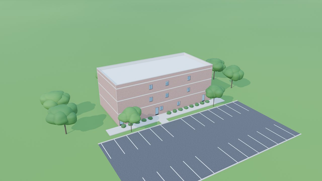 Aerial render of a three-storey office building with its parking lot and trees