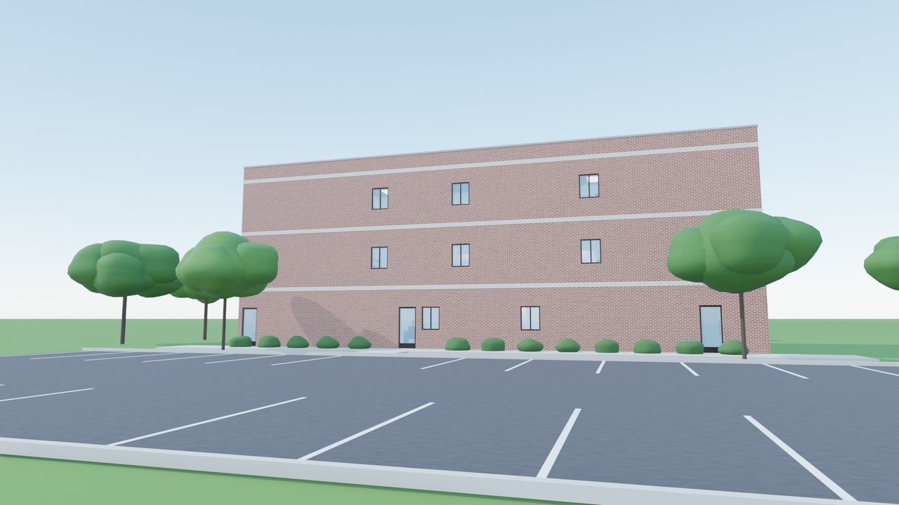 Rendered three-storey brick office building seen across its parking lot