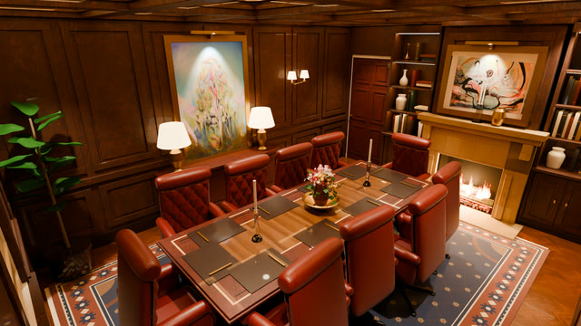 Wood-panelled boardroom with a long table of ten red leather chairs, place mats, candlesticks and a flower centrepiece, a lit fireplace, framed paintings, table lamps and bookshelves on a patterned rug
