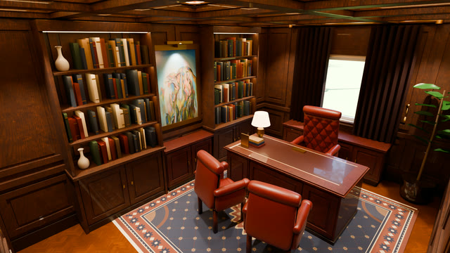 Wood-panelled executive office with built-in bookcases, a lit painting, an inlaid wood desk with a lamp and books, a tufted red leather desk chair, two guest armchairs on a patterned rug and a curtained window