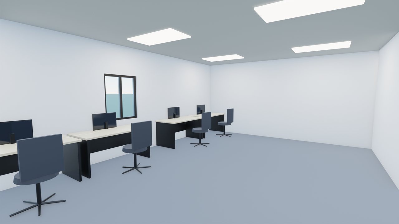 Rendered open office floor with desks, monitors and task chairs