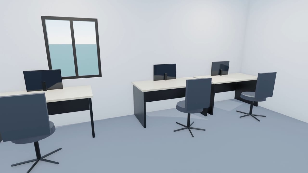 Rendered office interior with desks, monitors and task chairs by a window