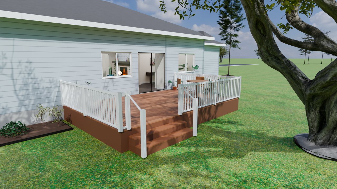 Back deck of a rendered ranch house with railings and stairs down to the lawn under a large tree