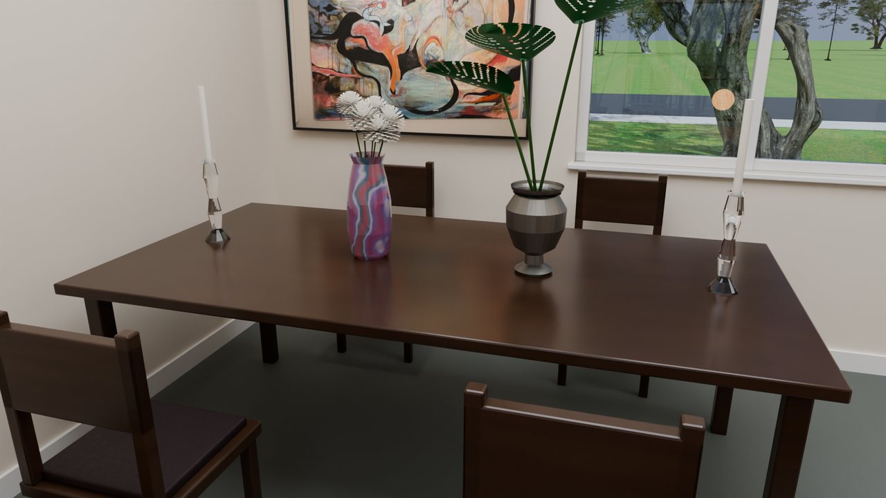 Rendered dining room with a dark wood table, crystal candlesticks and a large painting