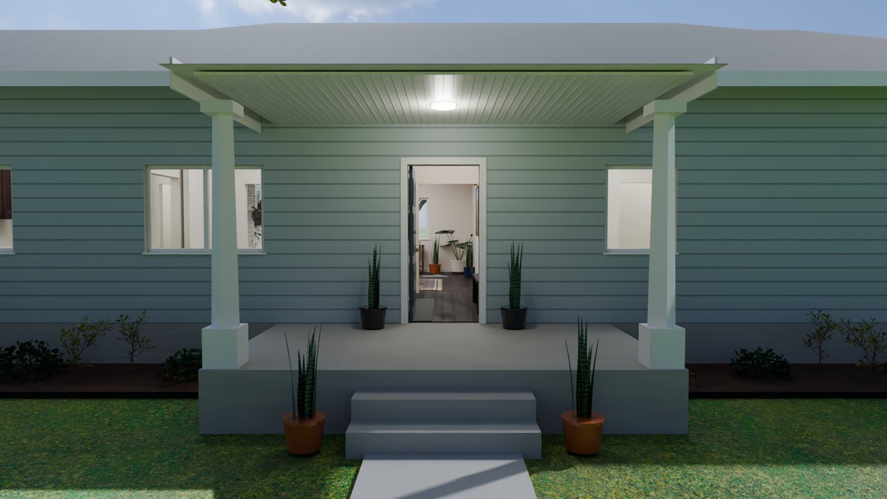 Front porch of a rendered ranch house with columns, potted plants and the front door open