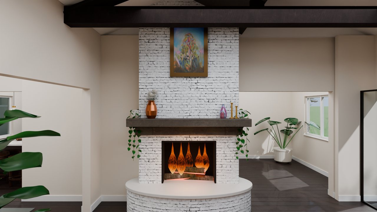 Great room with a white brick fireplace, a fire on the logs, a framed painting over the mantel and a patterned rug
