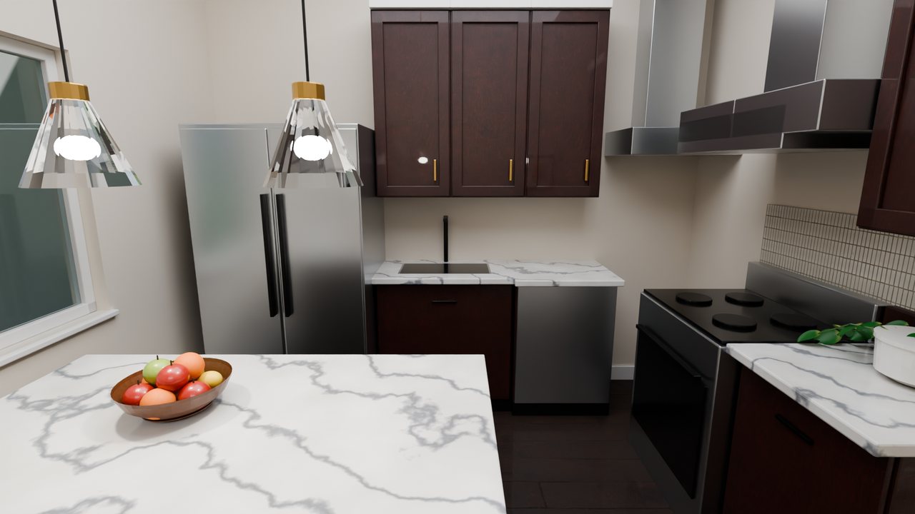 Rendered kitchen with dark wood cabinets, white marble counters, a fruit bowl on the island and pendant lights
